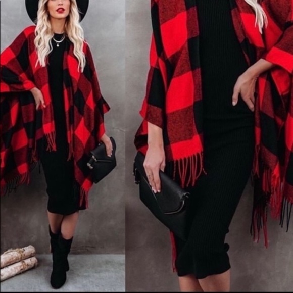 Sweaters - Buffalo Check plaid Tassel shawl  Poncho RED IVORY BLACK NEW